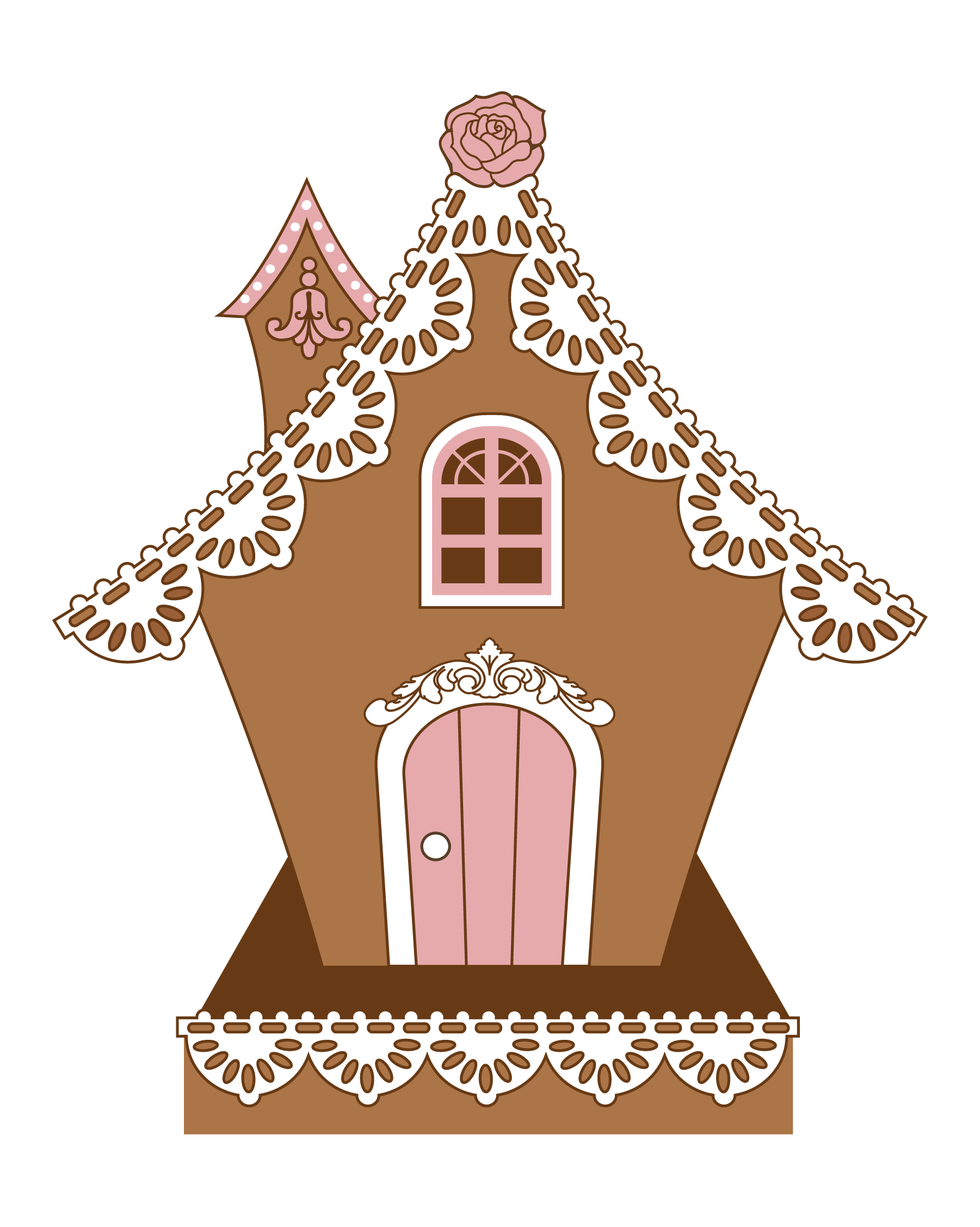 Gingerneers logo. A small brown, white and pink gingerbread house.